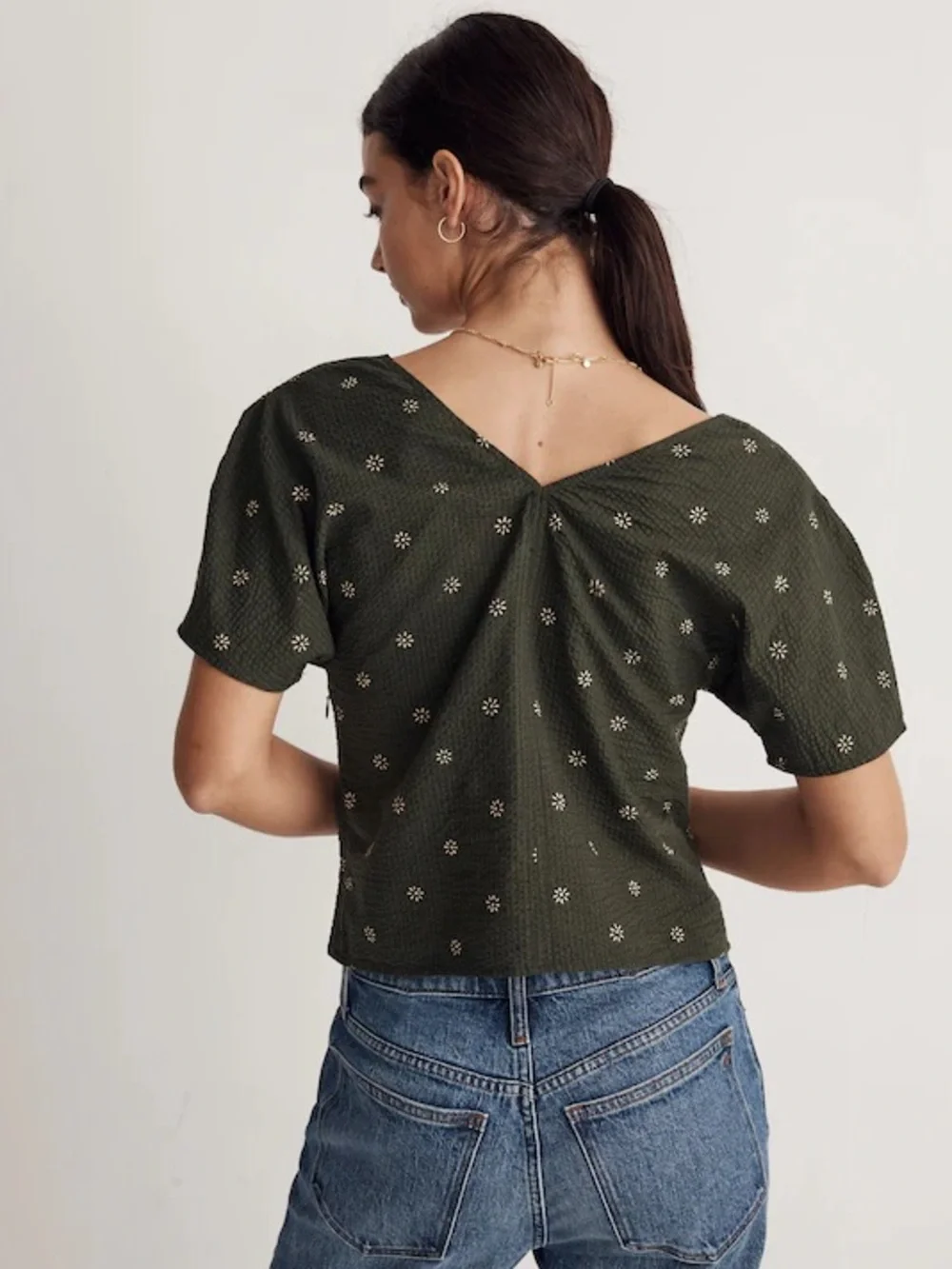 Madewell Voile Puff-Sleeve Top 10 large Floral green 100% Cotton short v-neck